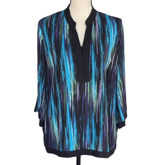 JM Collection SZ 12 Top 3/4 Sleeves V-Neck Lightweight Lined Abstract Side Slits - Picture 1 of 10